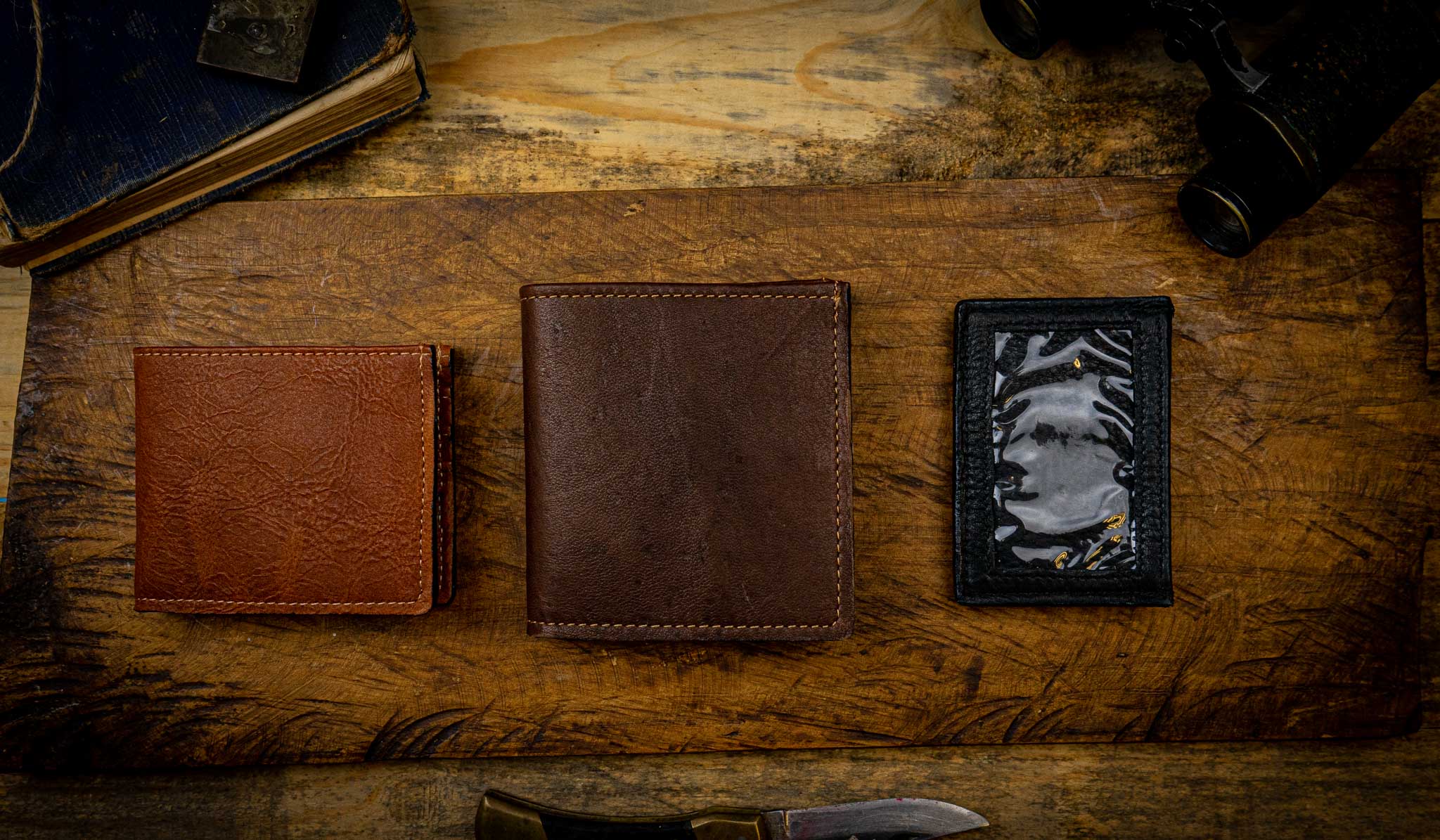 brown leather wallets and black leather money clip