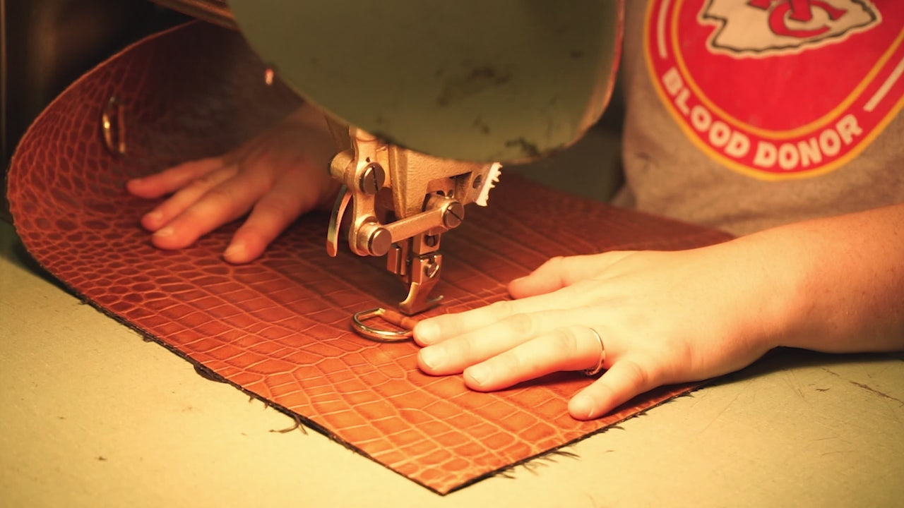 handmade leather products being crafted