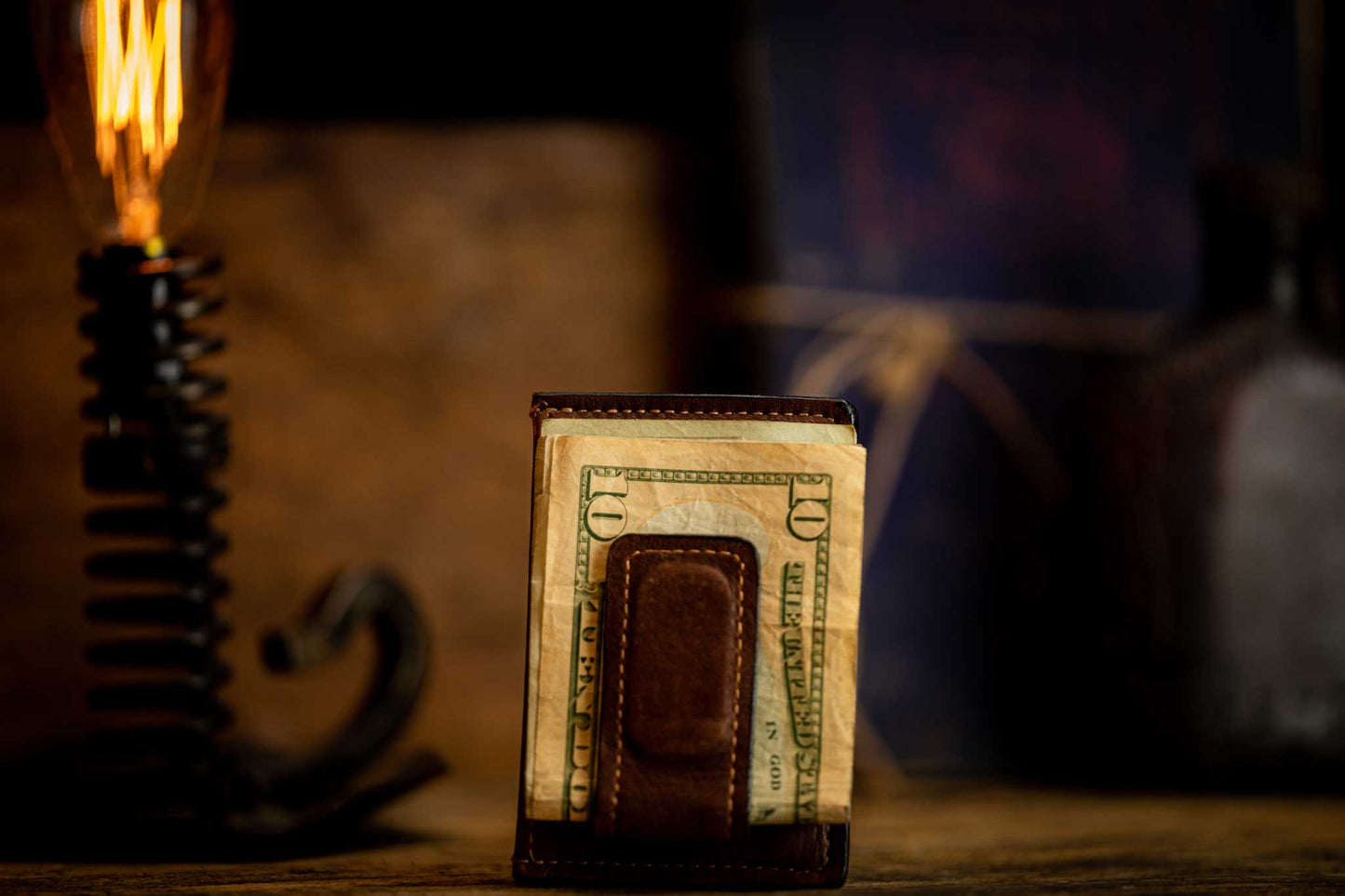 Brown leather money clip