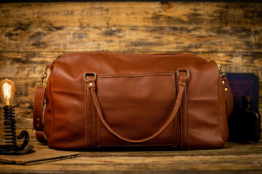 light brown leather luggage bag