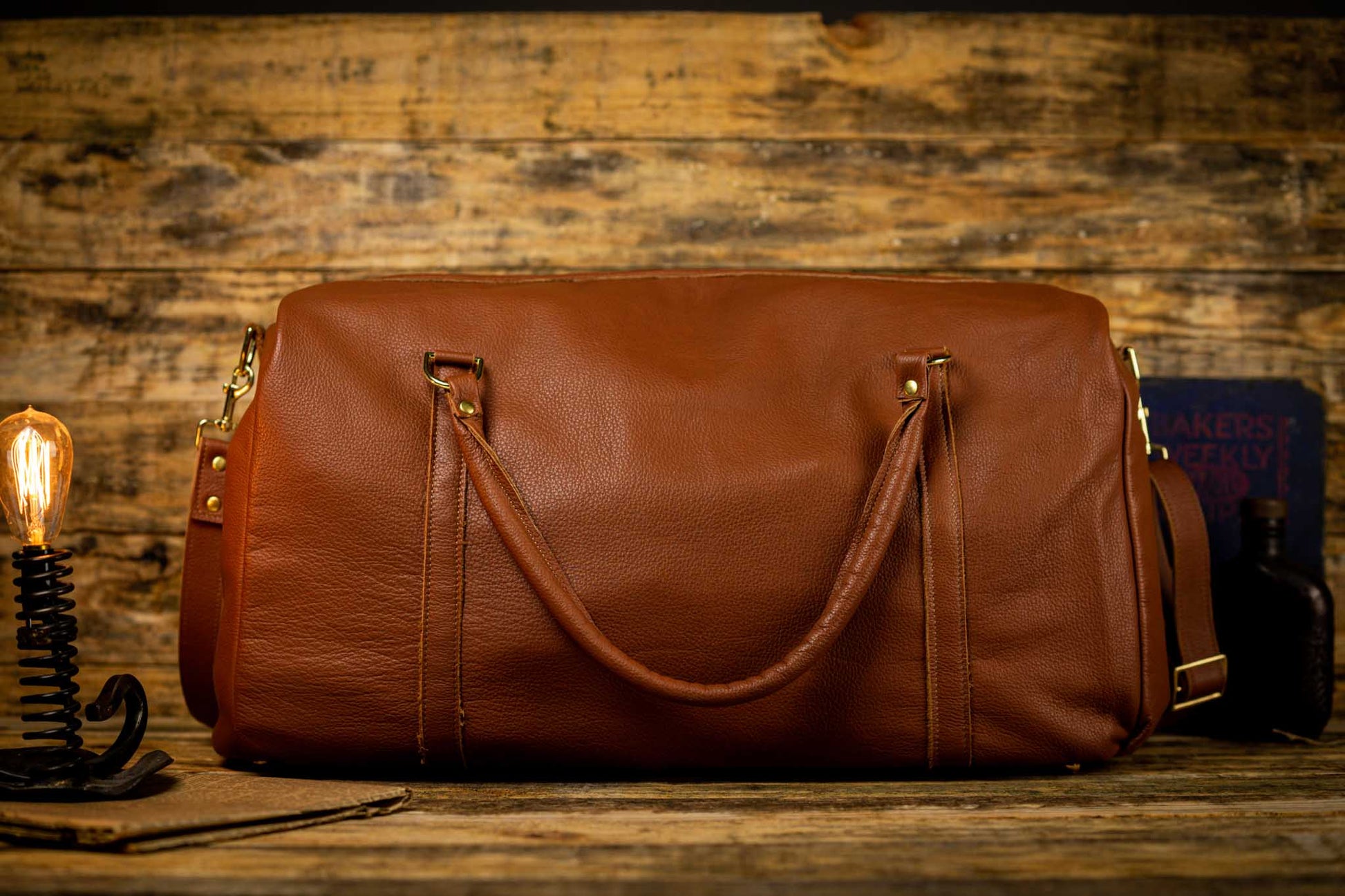 light brown leather luggage bag