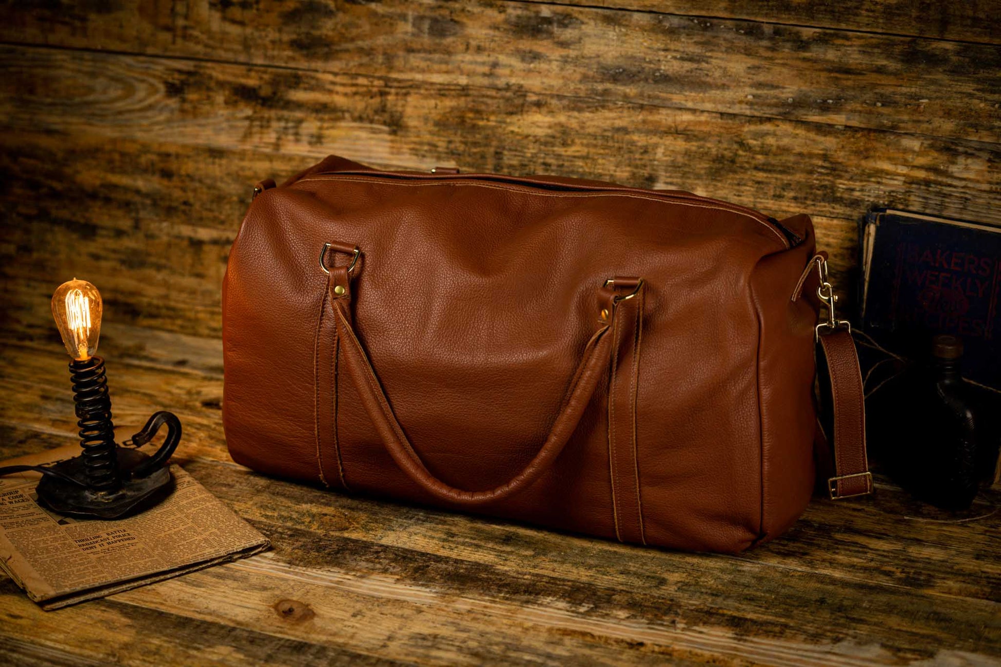 light brown leather luggage bag